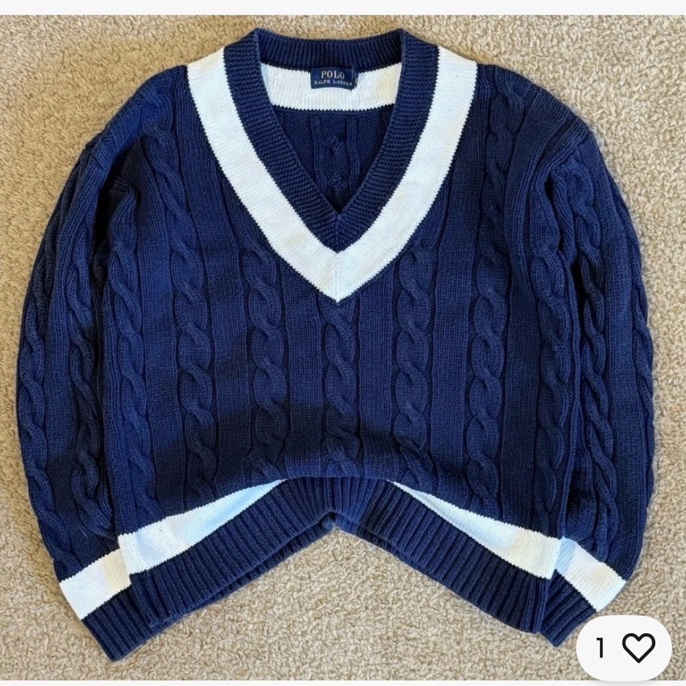 Polo by Ralph Lauren Women's V-Neck Sweater in Navy and White